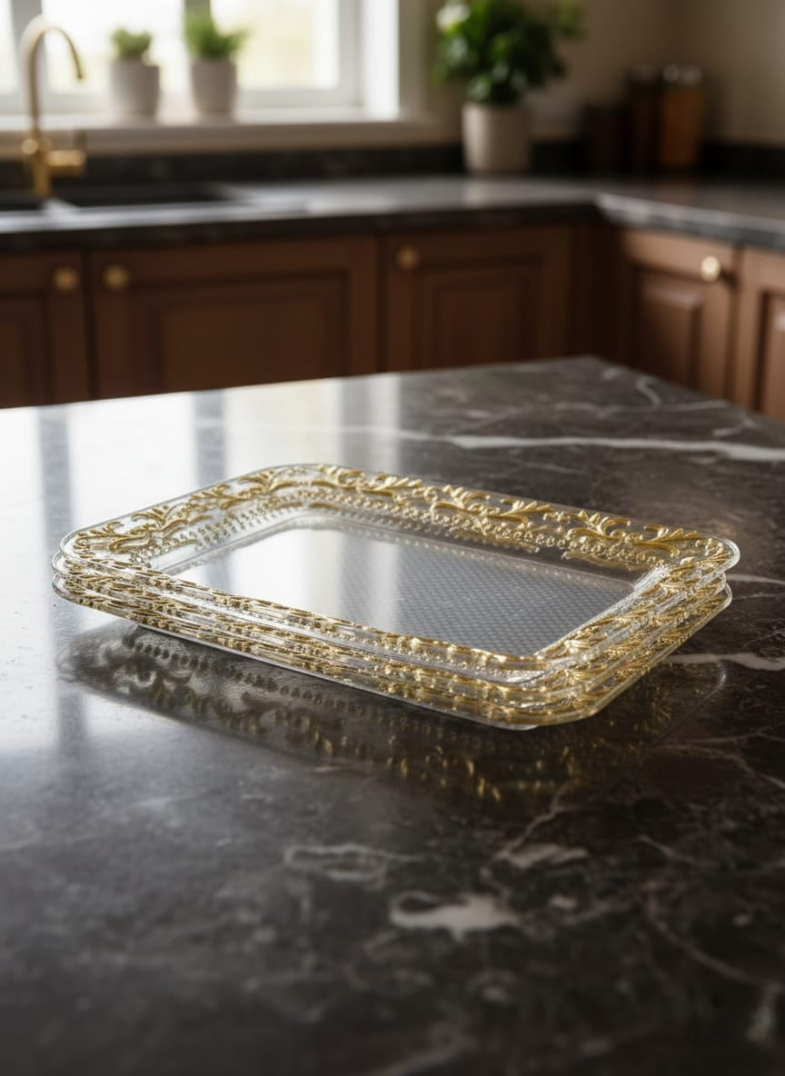 3 Piece clear acrylic tray set with gold detailing for luxury serving and home décor