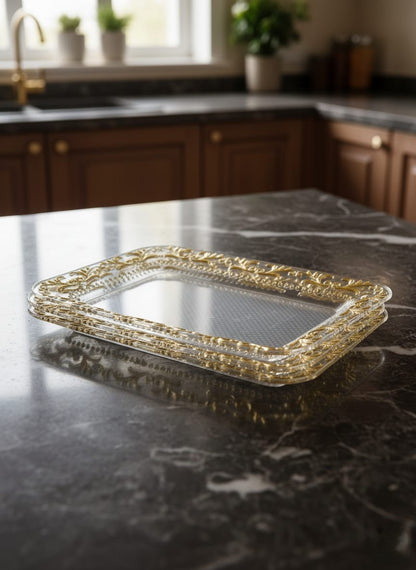 3 Piece clear acrylic tray set with gold detailing for luxury serving and home décor