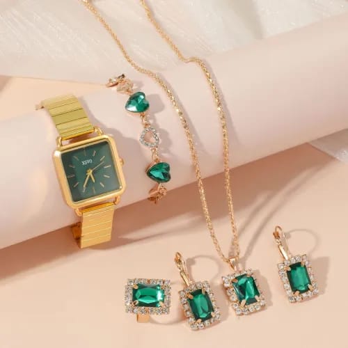 5-Piece Ladies watch gift set including watch, bracelet, necklace, ring, and earrings.