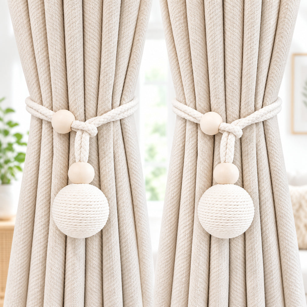 Curtain Tieback with Natural Wood Beads and Knotted Ball, Pair - available in Nairobi, Kenya
