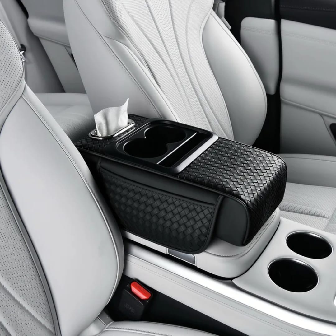 Universal car armrest cushion with cup holders and storage compartments