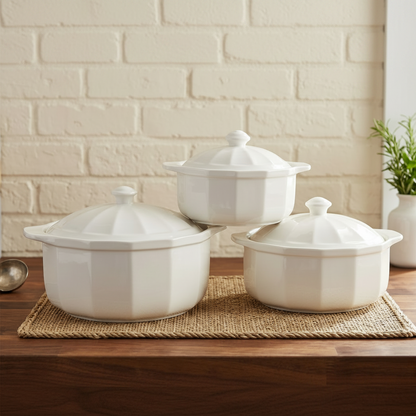 3 Piece ceramic soup pot set with glazed finish in small medium and large sizes for cooking and serving