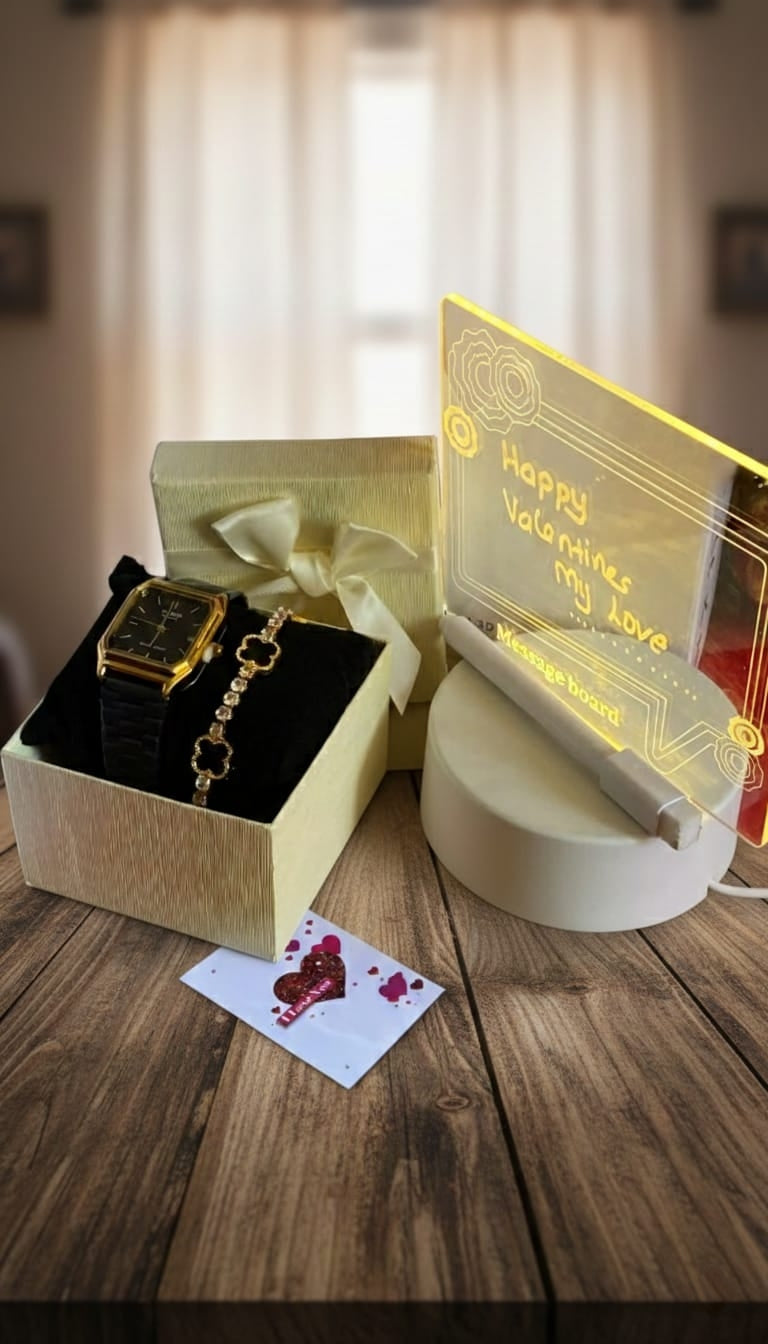 Valentines ladies gift set with watch, bracelet, self-custom LED board, gift card, box, and bag.