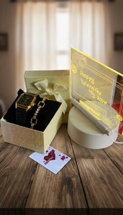 Valentines ladies gift set with watch, bracelet, self-custom LED board, gift card, box, and bag.