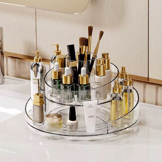Two-tier crystal-cut acrylic rotating organizer for cosmetics
