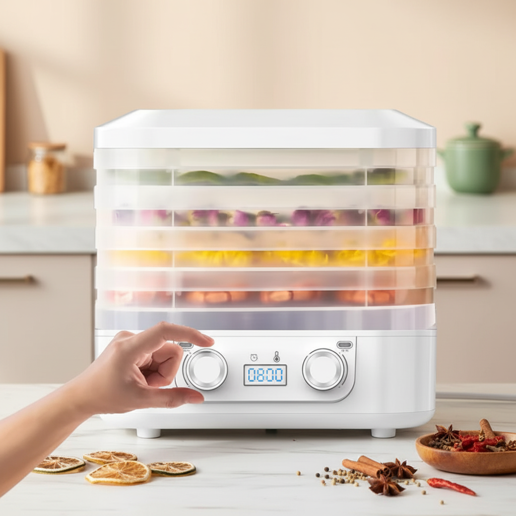 5 layer food dehydrator with stackable trays in white and blue colors.