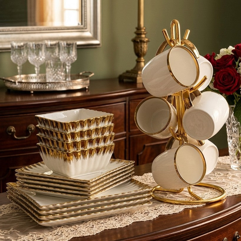 24Pc Dinner Set with Gold Rim
