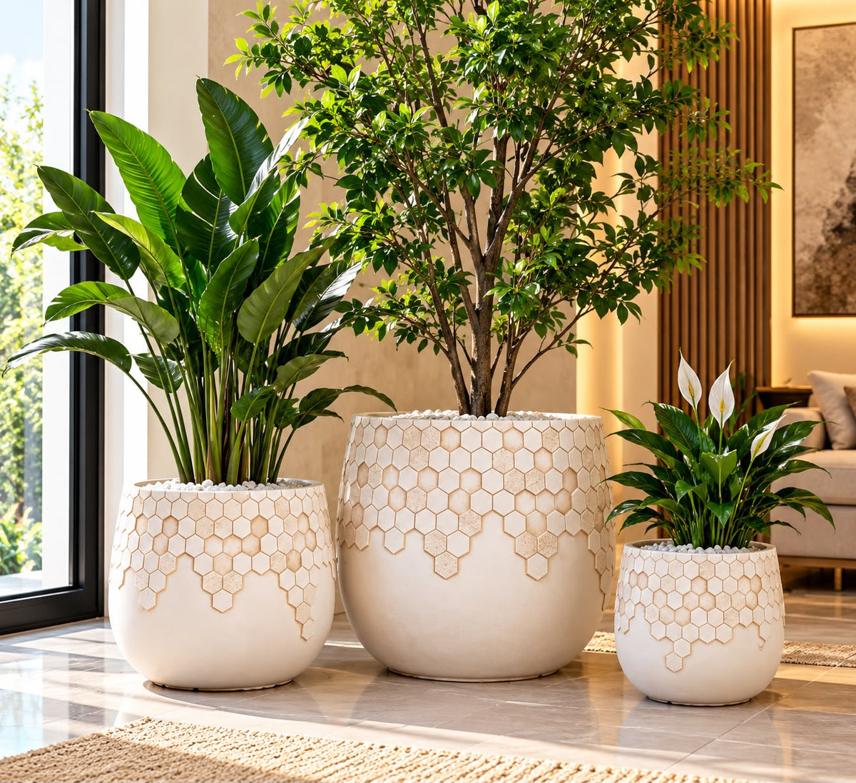 Ribbed Concrete Planters – 24.5 × 24.5 × 23 cm, 35 × 35 × 31.5 cm and 48 × 48 × 41.5 cm