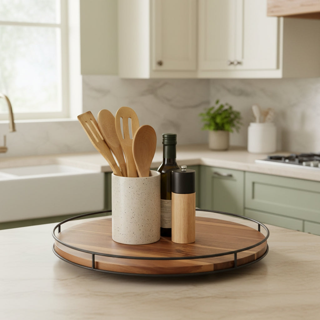 42 cm acacia wood tray with steel side detail for kitchen organization and home décor.