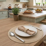 Set of six thick Nordic woven table mats in light brown and dark brown with heat resistant design for dining table protection.