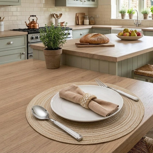 Set of six thick Nordic woven table mats in light brown and dark brown with heat resistant design for dining table protection.