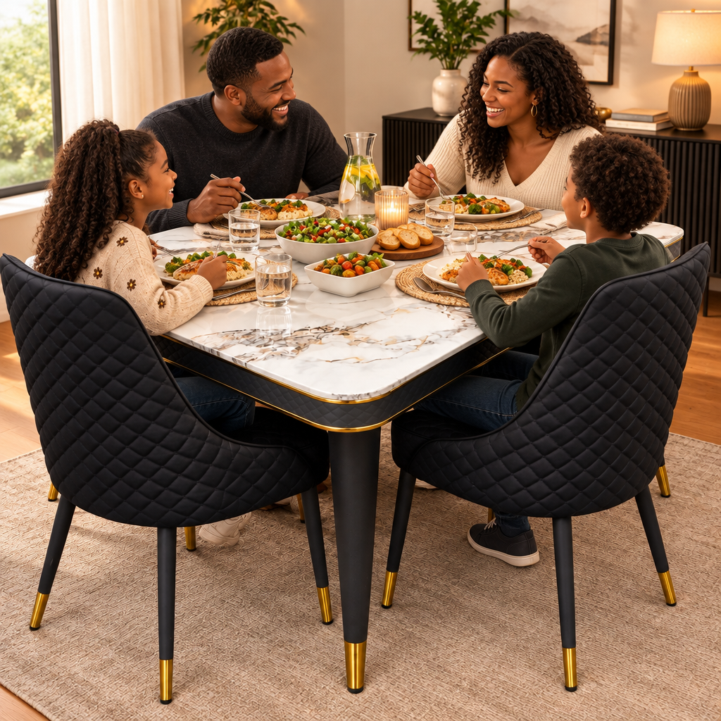 4 Seater Marble Dining Table with Microfibre Chairs