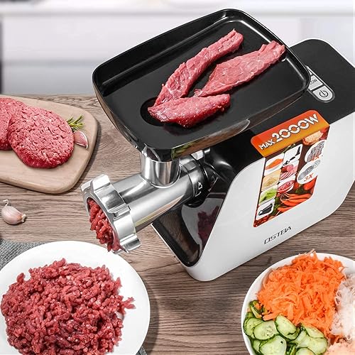 5 in 1 electric meat grinder with stainless steel body and multiple attachments for grinding, slicing, shredding, and juicing.