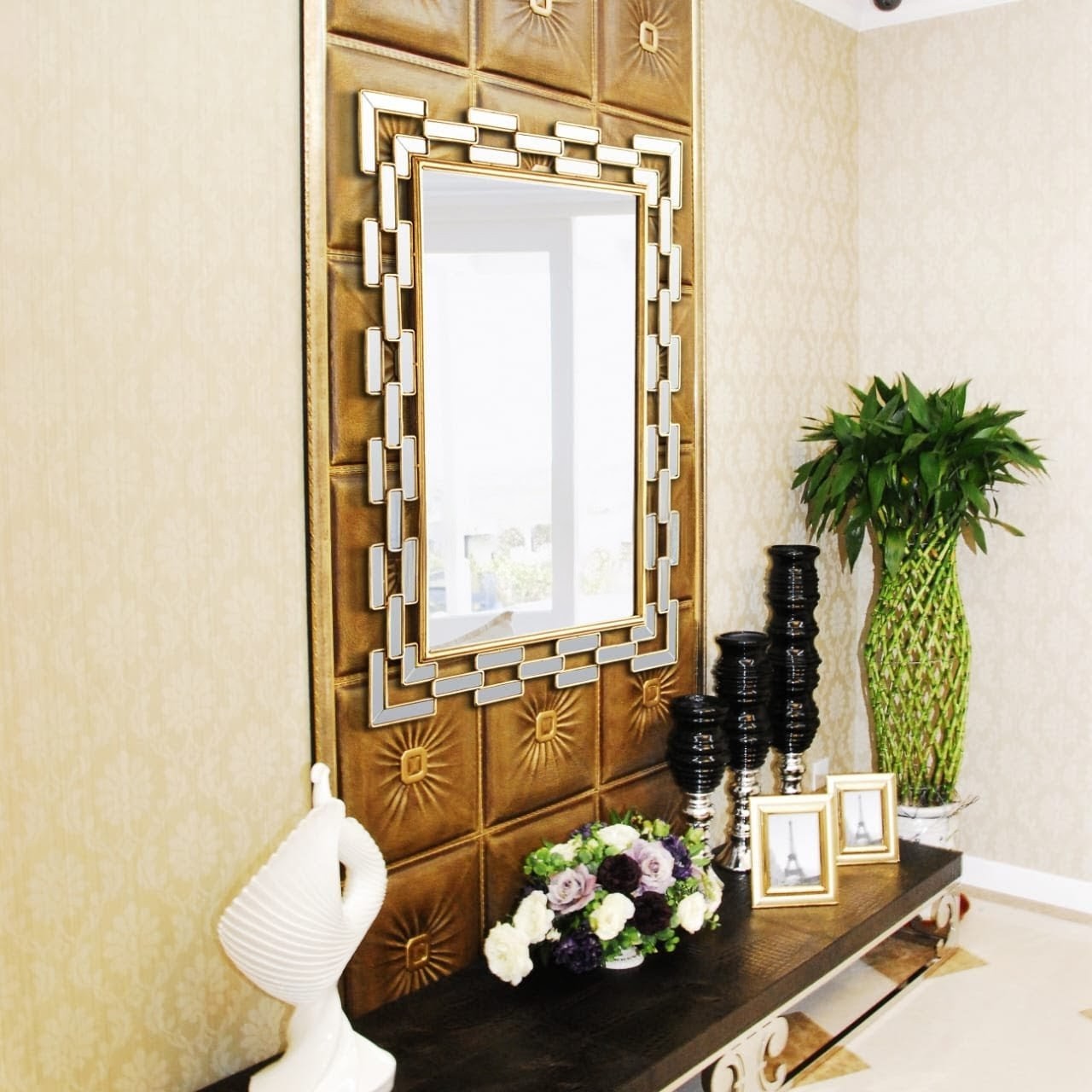 Gold decorative wall mirror for entrance, living room, bathroom, and hallway, 74 × 57 cm
