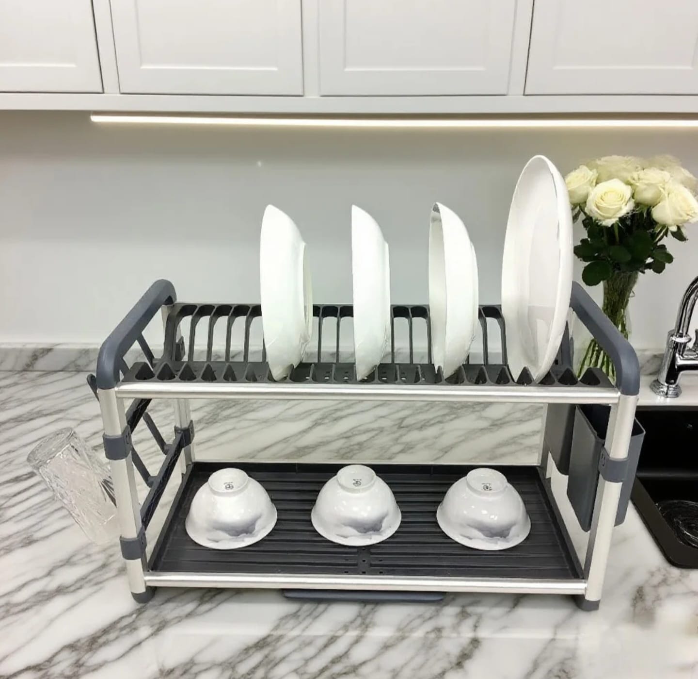 2 Tier Aluminum Dish Drying Rack with Drainer