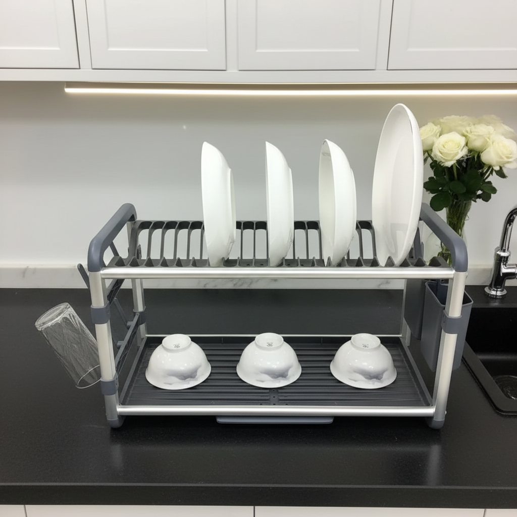 2 Tier Aluminum Dish Drying Rack with Drainer