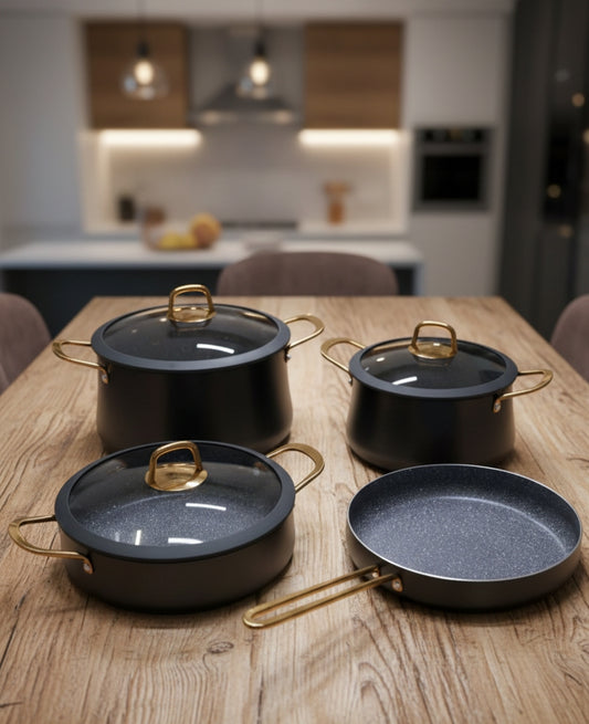 7-Pieces non-stick aluminium granite cookware set with silicone lids.