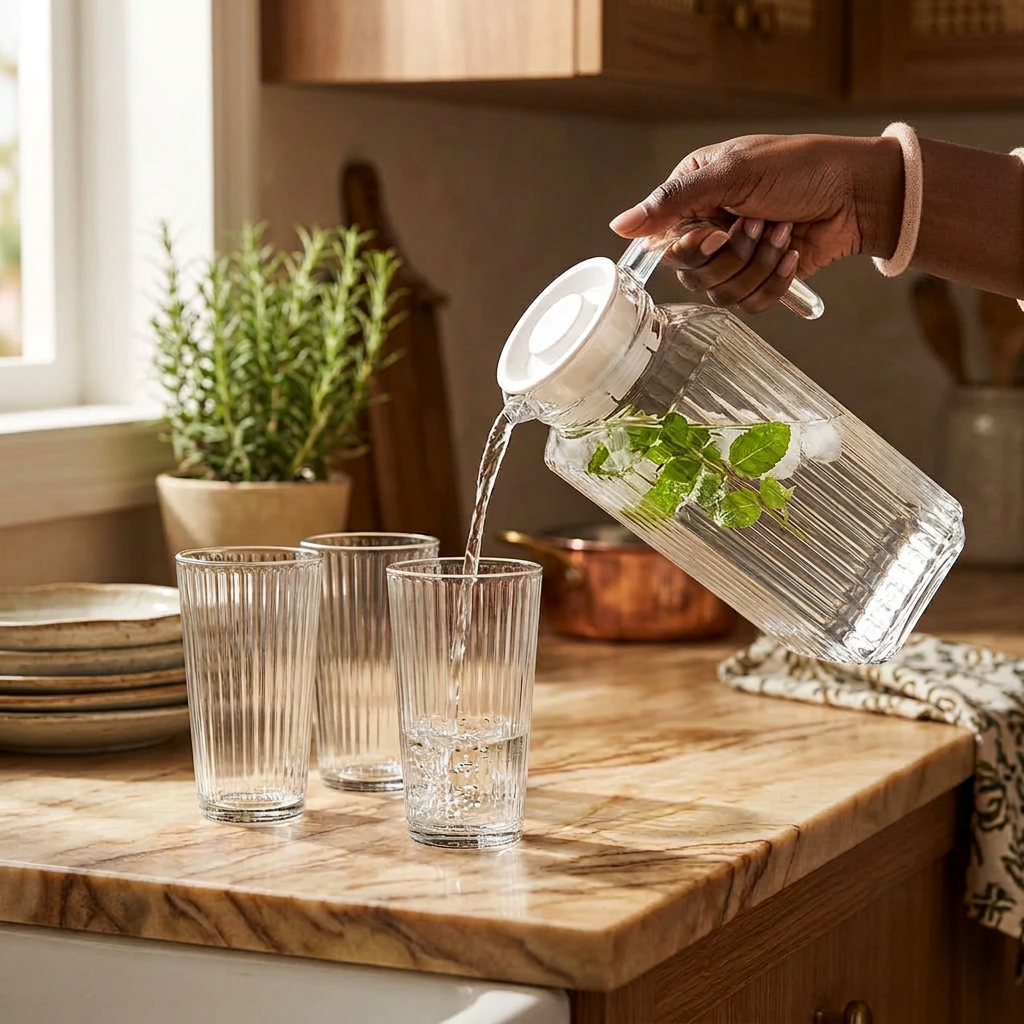 7 Piece Water Set with 6 Glasses and Lidded Glass Jar