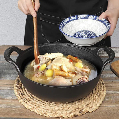 30cm pre-seasoned cast iron flat bottom wok with wooden lid and double handles for all cooktops