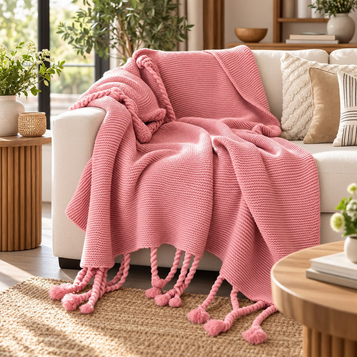150 × 200cm Chunky Knitted Throw Blanket with Braided Tassels in Cream, Dusty Pink and Mustard Yellow available in Nairobi, Kenya
