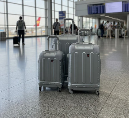 Three piece luxurious fiber suitcase set with spinner wheels and telescopic handles