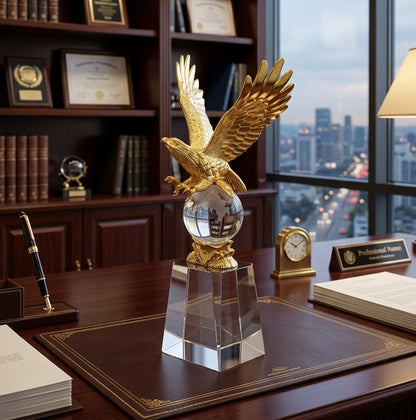 Gold metal eagle trophy with crystal base, elegant award for corporate, sports, or decorative display.