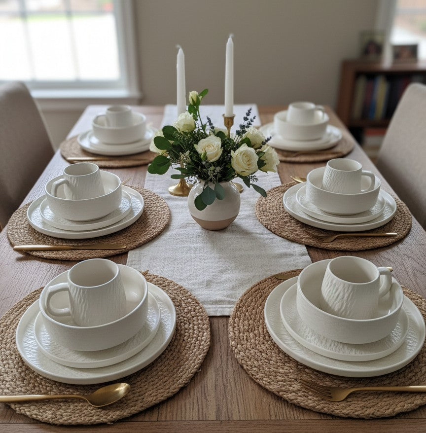 24-piece black ceramic dinner set with textured modern design including plates, bowls, and mugs