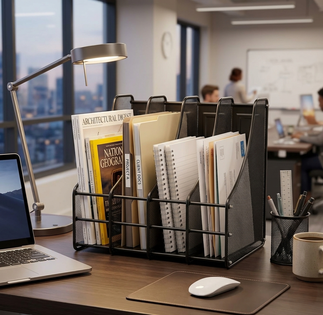 4 Slot Vertical Metallic Mesh Desk File Organizer