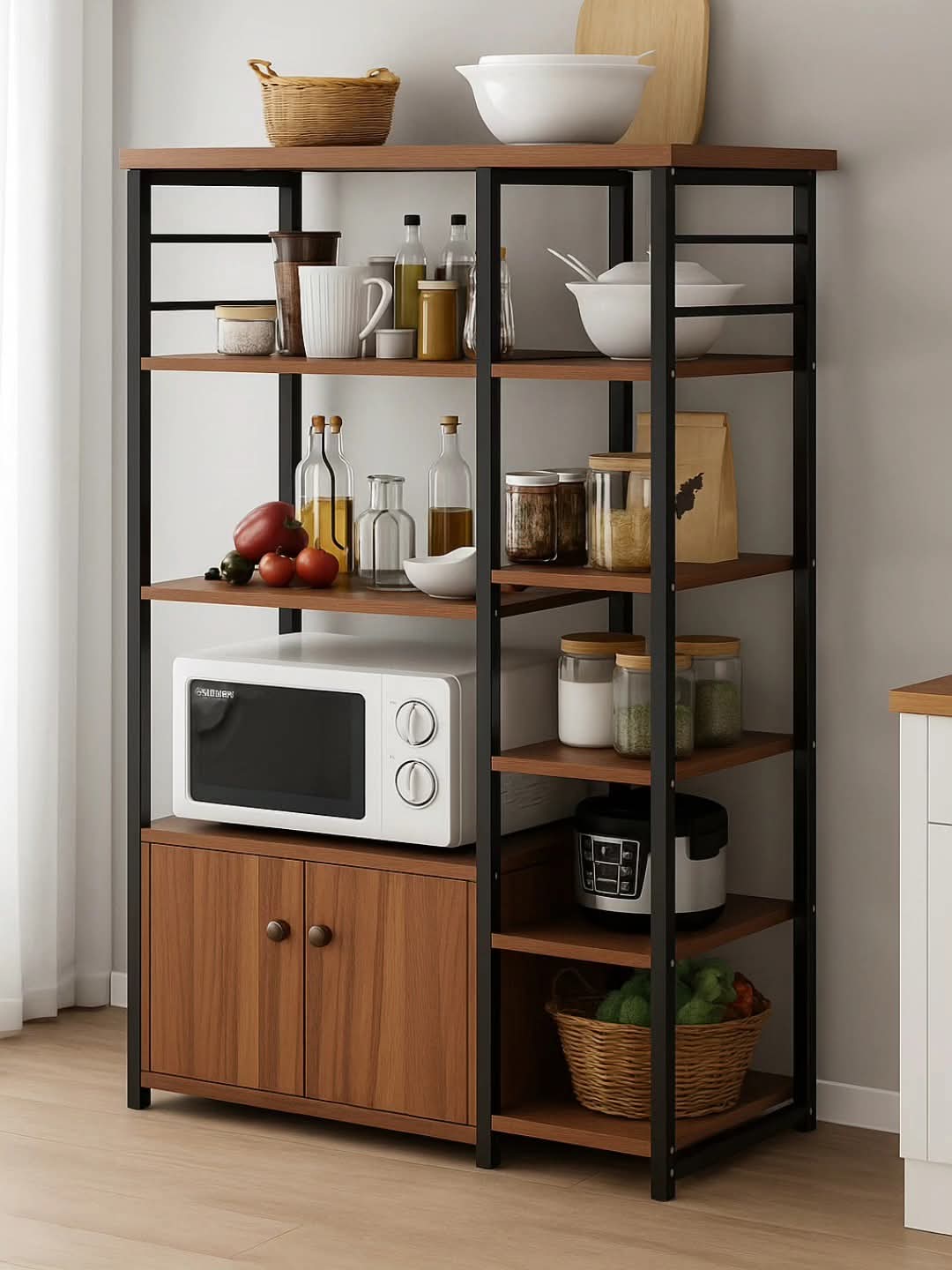 Wood and metal kitchen cabinet storage rack measuring 80 × 30 × 128 cm for organizing household items and appliances.