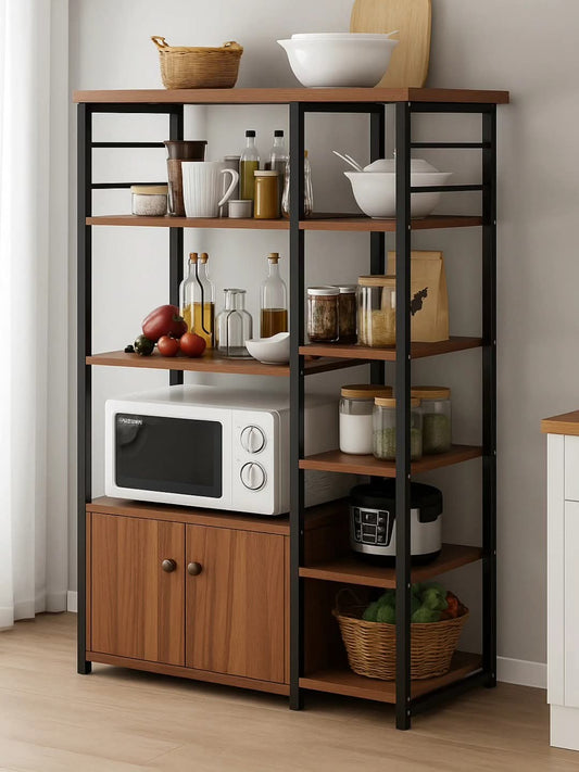 Wood and metal kitchen cabinet storage rack measuring 80 × 30 × 128 cm for organizing household items and appliances.