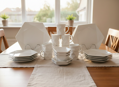 24-piece Hexagonal ceramic dinner set with bowls, side plates, mugs, and plates.