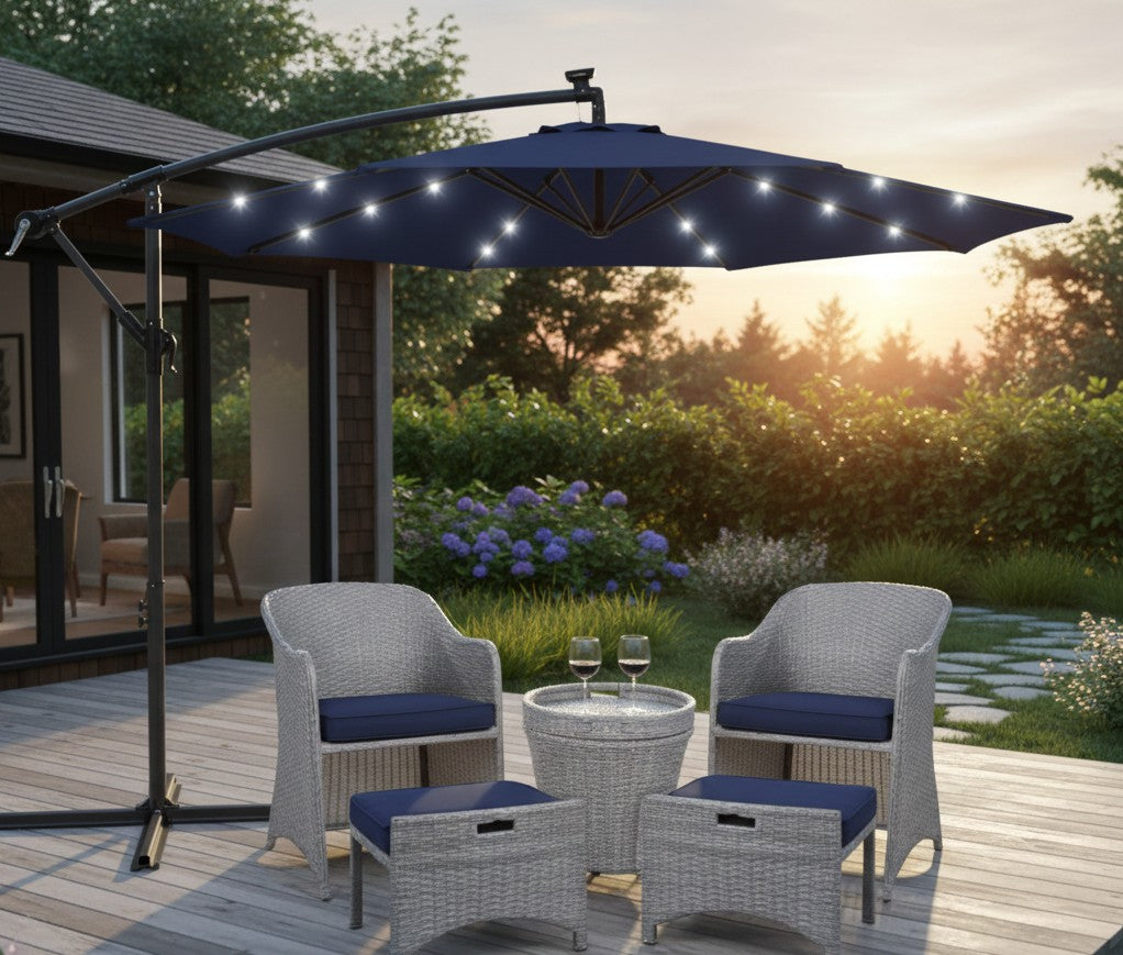 10FT solar-powered offset patio umbrella with 24 built-in LED lights for outdoor shade and illumination