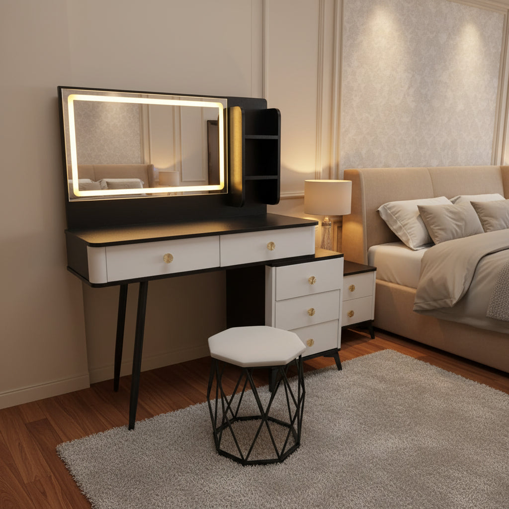 FDT 1513 black and white LED vanity dressing table with illuminated mirror, five drawers, storage shelves, and matching cushioned stool.
