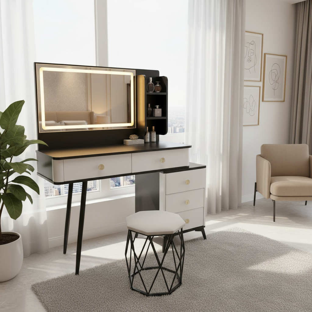 LED Vanity Dressing Table With Mirror, Storage Drawers And Stool