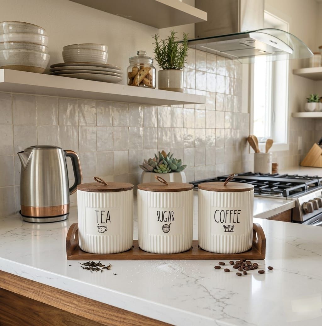 4-Piece ceramic canister set with bamboo lids and tray for kitchen storage