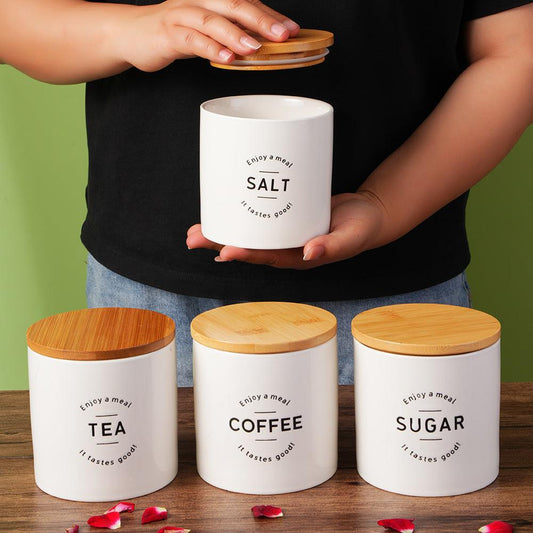 3-piece ceramic kitchen canister set, each with 500ml capacity for coffee, tea, or sugar