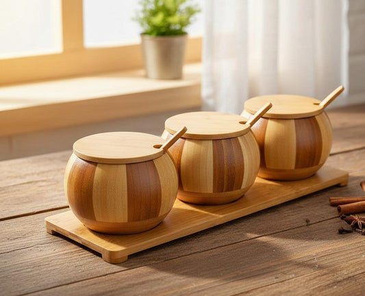 Three condiment jars arranged on a bamboo stand
