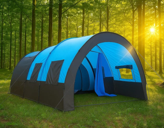 Large tunnel family camping tent with 3 partitioned sections, designed for 10–13 people with spacious interior for outdoor camping.