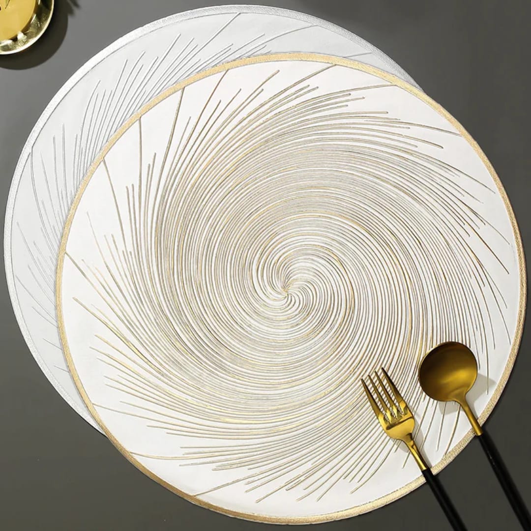 Six-piece PVC waterproof table mats in silver, gold, grey, and black color options.