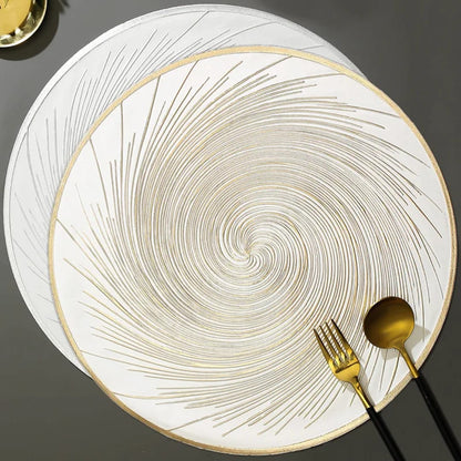 Six-piece PVC waterproof table mats in silver, gold, grey, and black color options.