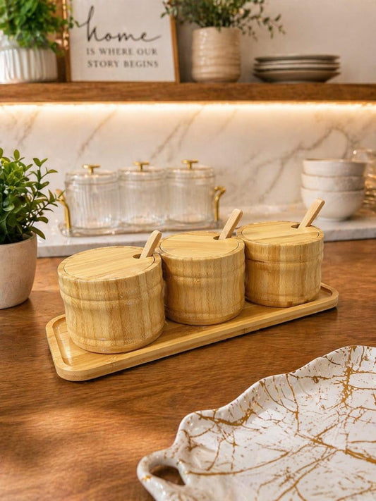 3 Piece bamboo condiment jar set for storing sugar tea and spices in kitchen