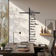 Metal cross wall decor featuring six biblical scripture messages, measuring 50 × 40 cm.