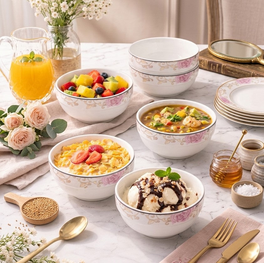 Bone china round soup bowl with elegant pink flower design for serving soup, cereal, and desserts.