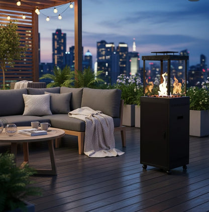 Outdoor LPG patio gas heater with glass flame tube and visible flame