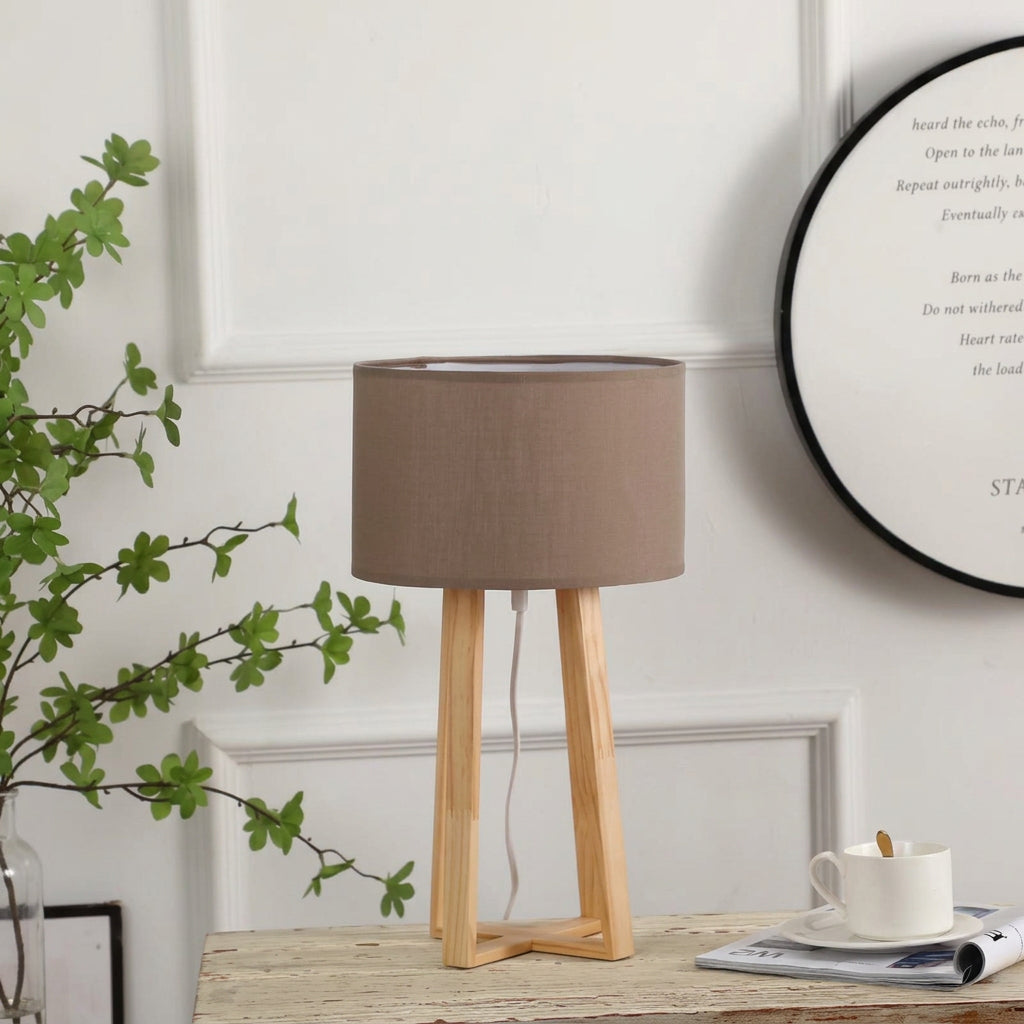 Wooden tripod table lamp with minimalist design for bedroom, office, and living room décor