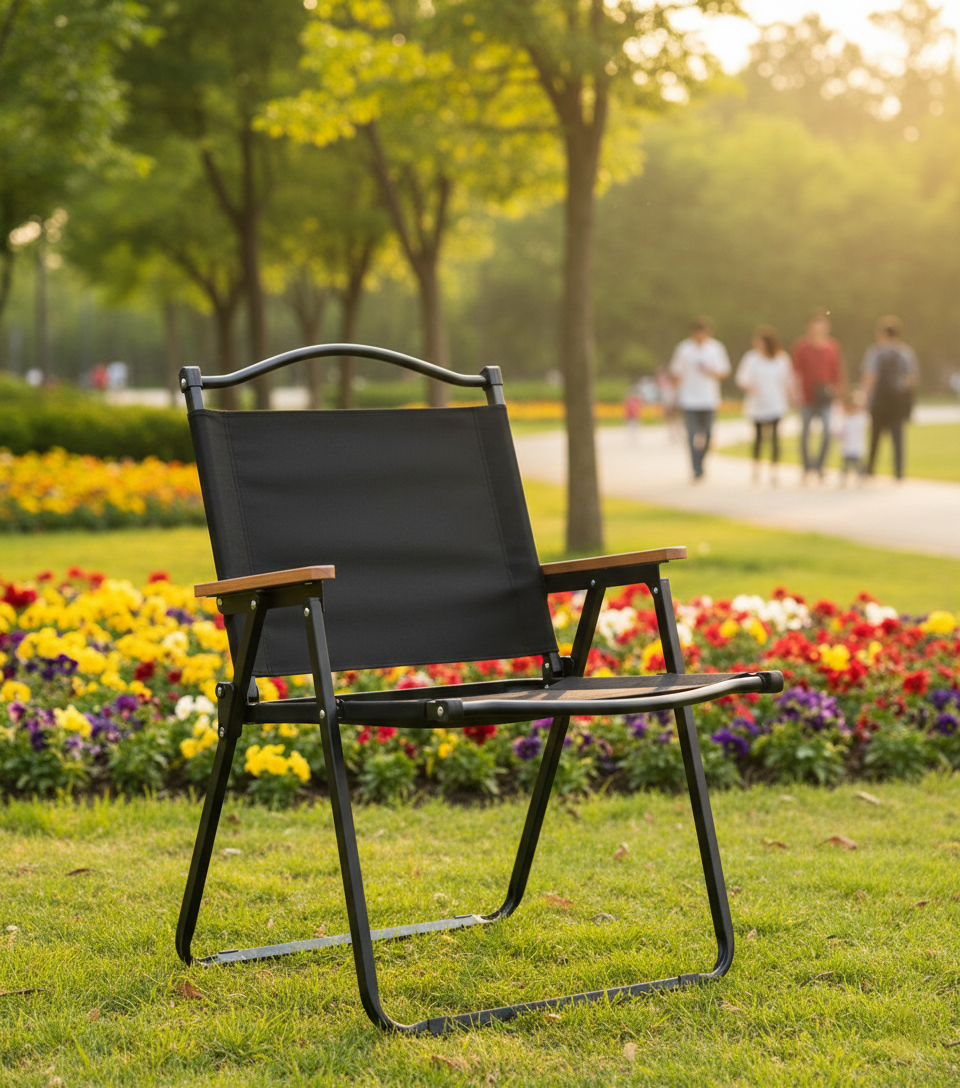 Foldable outdoor chair with steel frame and armrests for camping and beach use.