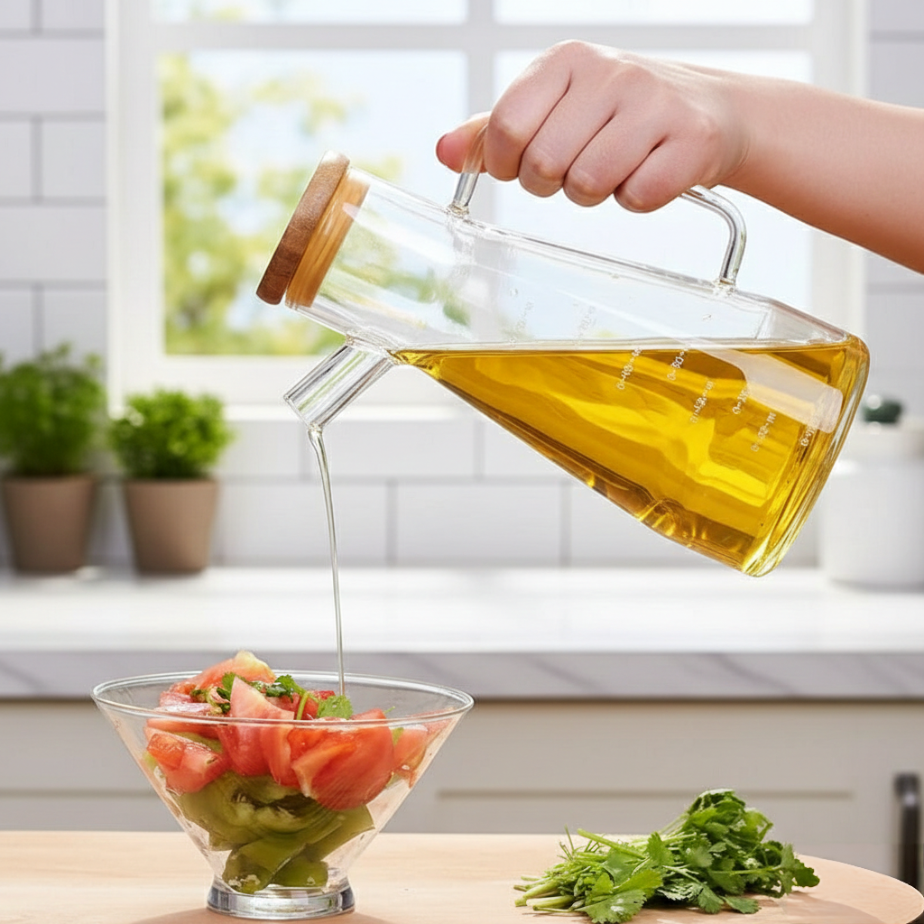 900ml Clear glass oil jar with bamboo lid for kitchen storage.