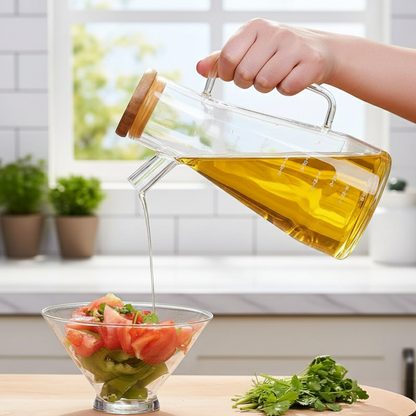 900ml Clear glass oil jar with bamboo lid for kitchen storage.