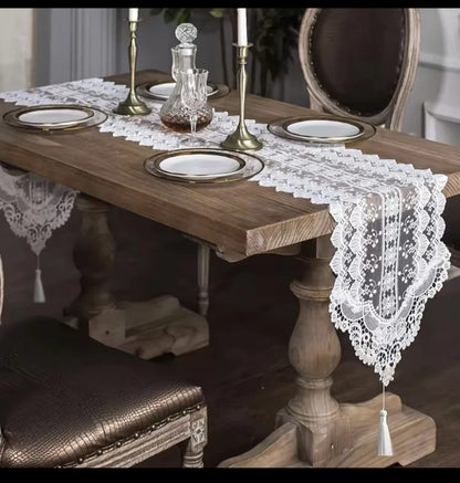 White lace table runner with handmade embroidered floral pattern, size 35x210 cm