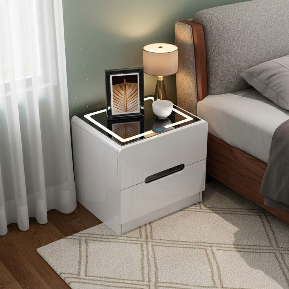 Wooden bedside cabinet with LED light and black glass top